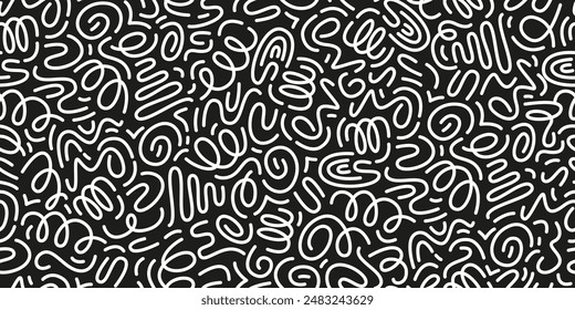 Black and white line doodle seamless pattern. Cute, funny creative minimalist style art background. Endless simple holiday party confetti texture, Scribble shapes, curves, waves. 