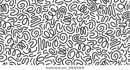 Black and white line doodle seamless pattern. Cute, funny creative minimalist style art background. Endless simple holiday party confetti texture, Scribble shapes, curves, waves. 