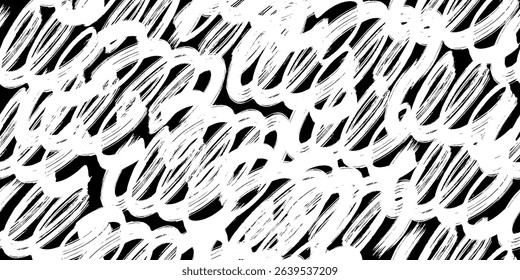 Black and white line doodle seamless pattern. Endless simple holiday party confetti texture, Scribble shapes, curves, waves. White brush strokes on black. Monochrome  endless backdrop, wallpaper.
