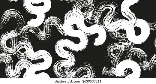 Black and white line doodle seamless pattern. Endless simple holiday party confetti texture, Scribble shapes, curves, waves. White brush strokes on black. Monochrome  endless backdrop, wallpaper.