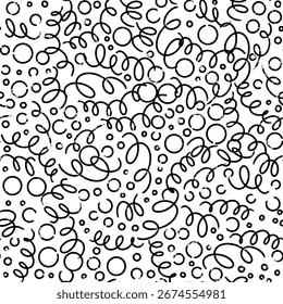 Linha preta e branca rabiscar padrão sem emenda. Plano de fundo da arte de estilo criativo. Textura de confete de festa simples, fundo de forma de rabisco infantil.