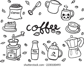 black and white line drawing about coffee Ingredients for making coffee.