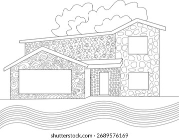 Black and white line drawing of abstract houses by a river, with decorative patterns for coloring. Ideal for creative projects.