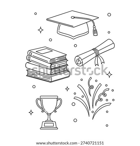 Black And White Line Drawing Of Academic And Sports Achievement Symbols With Falling Confetti