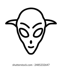 Black and white line drawing of an alien face with large eyes and small ears. Vector illustration