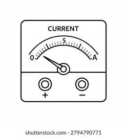 Black and white line drawing of an analog ammeter with needle and scale