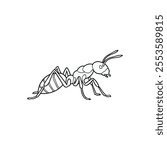 A black and white line drawing of an ant