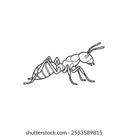 A black and white line drawing of an ant