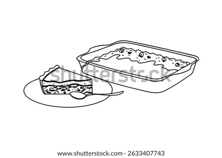 Black And White Line Drawing Of Apple Crisp With Slice On A Plate