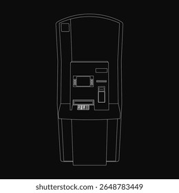 A black and white line drawing of an ATM machine with clean outline details stands against a solid black background. The minimalist design highlights the ATM's key features without shading or texture.