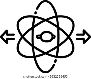 A black and white line drawing of an atom with orbiting electrons and arrows pointing outward, symbolizing expansion or force in a scientific context