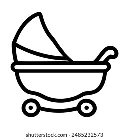 Black and white line drawing of a baby stroller. Vector illustration