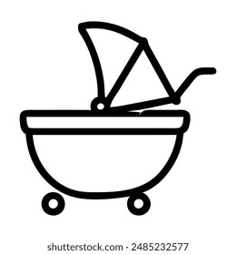 Black and white line drawing of a baby stroller with a canopy. Vector illustration