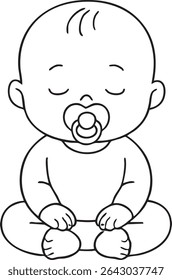 Um desenho em linha preta e branca de um bebê sentado com uma chupeta e olhos fechados, parecendo estar dormindo.