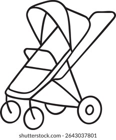 A black and white line drawing of a baby stroller with a canopy and wheels, isolated on a white background.