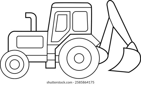 Black and white line drawing of a backhoe loader, ideal for construction, excavation, and farm equipment illustrations. Perfect for coloring pages, educational materials, and vector designs