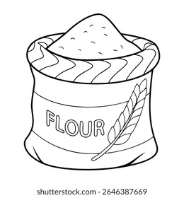A black and white line drawing of a bag of flour with a wheat stalk illustration.