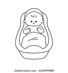 Black and white line drawing of a bathing baby seen from the front.
