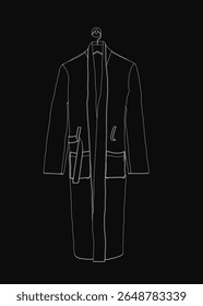 A black and white line drawing of a bathrobe hangs elegantly on a hanger against a dark background. The clean, minimalist design highlights the robe's folds and texture. Perfect for spa, wellness.