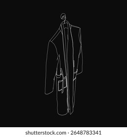A black and white line drawing of a bathrobe. The clean illustration features sharp lines and a solid black background.