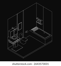 Black and white line drawing of a bathroom interior featuring a sink, toilet, bathtub, and mirror against a dark background. The detailed illustration includes a commode and flush tank for a complete.