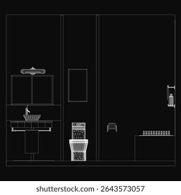 A black and white line drawing of a bathroom interior featuring a sink with a tap, a mirror, a toilet seat, and essential accessories. The minimalist sketch style highlights clean lines and simple.