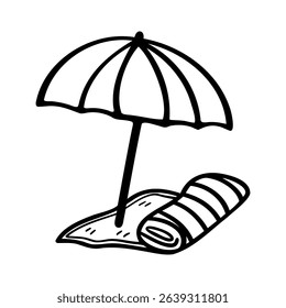 Black and white line drawing of a beach umbrella and a rolled towel on sand.