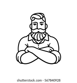 Black and white line drawing of bearded man with arms crossed. Stylish hipster logo illustration.