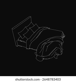 Um desenho de linha preto e branco de uma cama com travesseiros de pelúcia e um cobertor acolhedor, situado contra um fundo escuro. O design minimalista destaca a simplicidade do sono e do relaxamento.