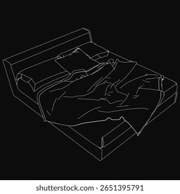 Um desenho de linha preto e branco de uma cama com um cobertor texturizado, com contornos limpos e sombreamento sutil. O fundo escuro melhora o design minimalista, criando um contraste impressionante.