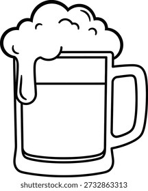 Um desenho em preto e branco de uma caneca de cerveja cheia de líquido e coberta com espuma