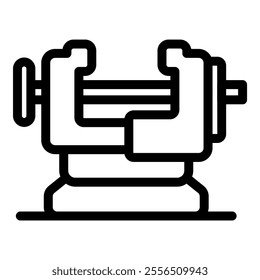 Black and white line drawing of a bench vise securely holding a metal rod, essential equipment in a workshop or garage