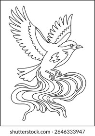 A black and white line drawing of a bird with wings spread above swirling shapes for coloring page