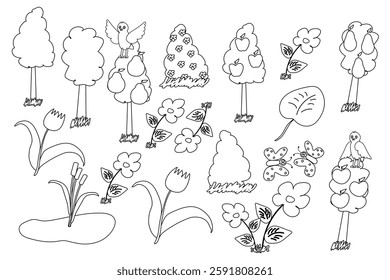 Black and white line drawing of birds perched on apple and pear trees, with a birdhouse and clouds, perfect for coloring.