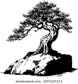 Black and white line drawing of a bonsai tree on a rock, with detailed branches and roots.