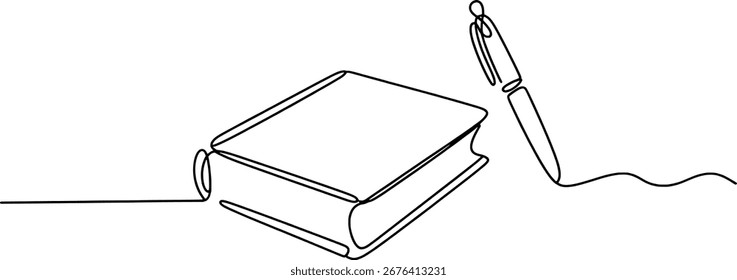 Dibujo de línea en blanco y negro de un libro y un bolígrafo con una línea ondulada que indica la escritura.