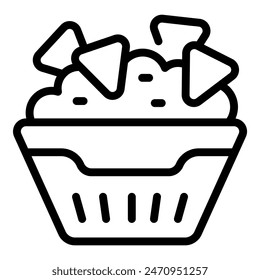 Black and white line drawing of a bowl filled with nachos topped with cheese