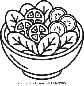Black and white line drawing of a bowl filled with sliced tomatoes and fresh basil leaves