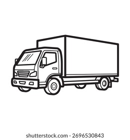 Black and white line drawing of a box truck. Clean vector illustration ideal for transportation, shipping, or logistics content.