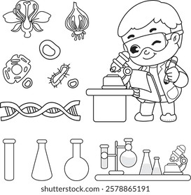 Black and white line drawing of a boy looking into a microscope and elements of laboratory equipment.