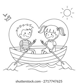 Un dibujo de línea en blanco y negro de un niño y una niña en un barco en forma de corazón en un día soleado