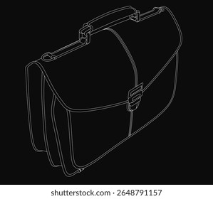 Um desenho em linha preto e branco de uma pasta sobre um fundo preto, delineado em branco nítido para uma aparência limpa e minimalista. O design simples, mas elegante, realça o formato da mala