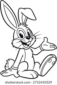 A black and white line drawing of Bugs Bunny sitting and smiling