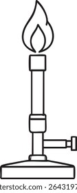 A black and white line drawing of a Bunsen burner with a flame, ideal for scientific illustrations.