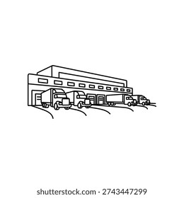 Black and white line drawing of a busy industrial train station featuring multiple locomotives, freight cars, and a large station building with architectural details, ideal for transportation, logistics, and business projects.
