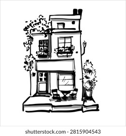 Black and white line drawing of a cafe building. Old cafe Building Engraving. Old cafe. Beautiful building on white background. Black lines on white background