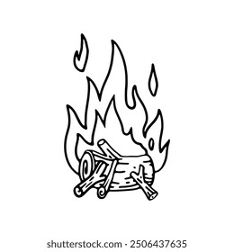 A black and white line drawing of a campfire with logs and rising flames.