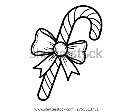 A black and white line drawing of a candy cane adorned with a decorative ribbon bow