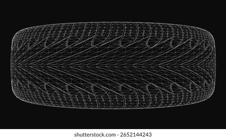 O desenho em linha preto e branco de um pneu de carro com padrão de piso detalhado destaca-se contra um fundo escuro, visto de cima. O contraste acentua a forma circular e intrincado do pneu.