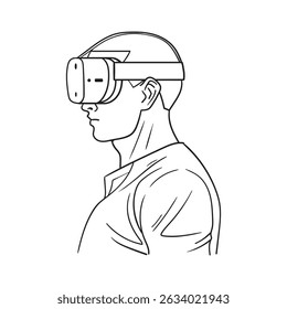 Desenho de linha preto e branco, estilo cartoon, de uma pessoa usando auscultadores VR, vetor de ilustração.